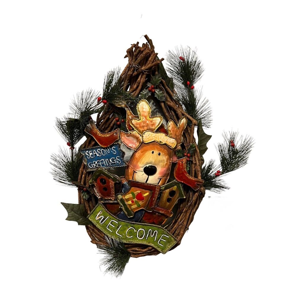 Christmas Reindeer Wreath Wall Hanging Seasons Greetings Welcome Rustic Decor